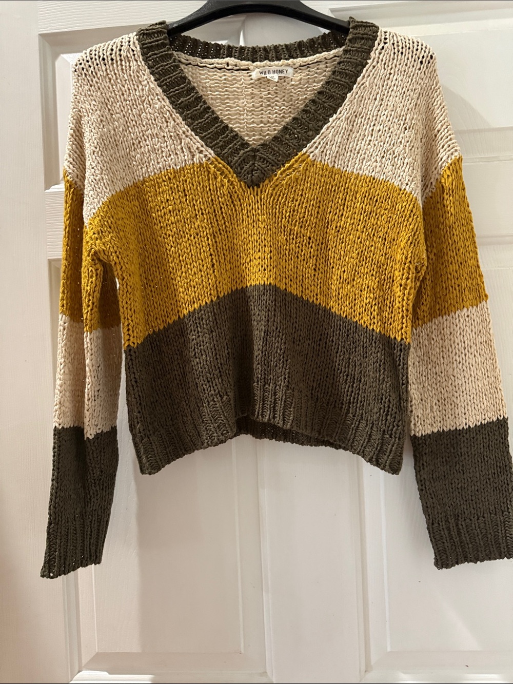 Wild Honey V-Neck Colorblock Knit Sweater in Mustard, Olive & Cream